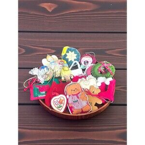 Vtg Lot of 17 Fabric Cloth Wooden Christmas Ornaments Most Handmade Holiday